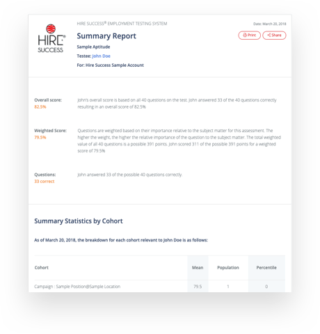 Hire Success aptitude test summary report screenshot