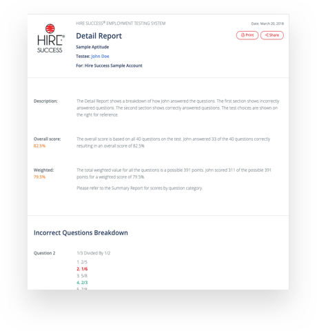 Hire Success aptitude test detail report