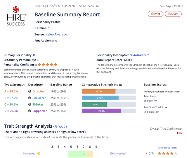 Baseline Summary Report for Hire Success personality test