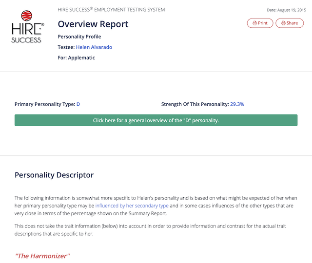 Hire Success personality test overview report
