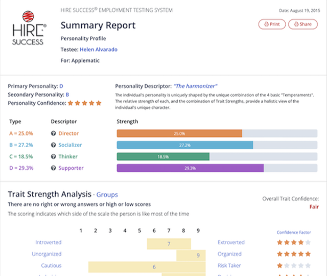 Hire Success personality test summary report screenshot