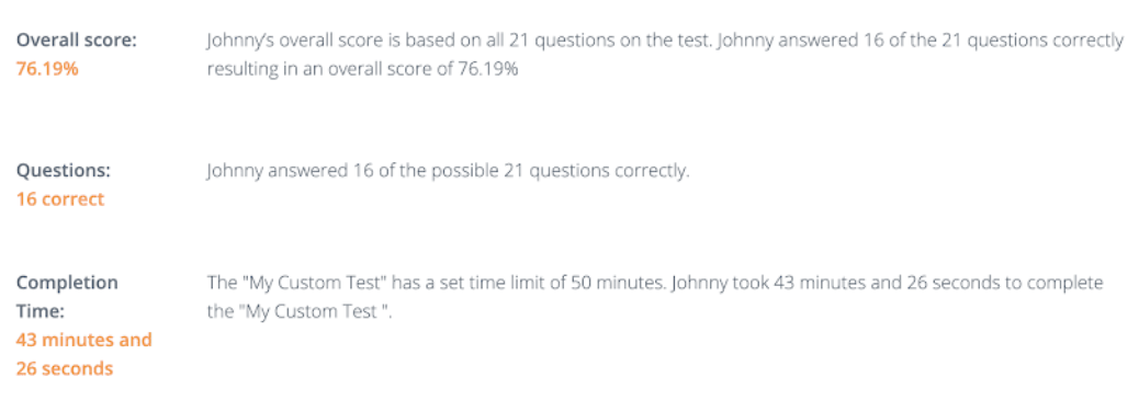 Sample Aptitude and Skills test summary report high-level summary