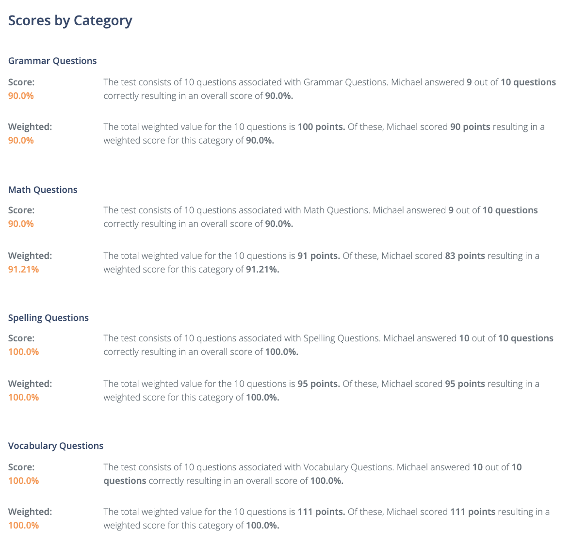 Sample Aptitude and Skills test summary report scores by category