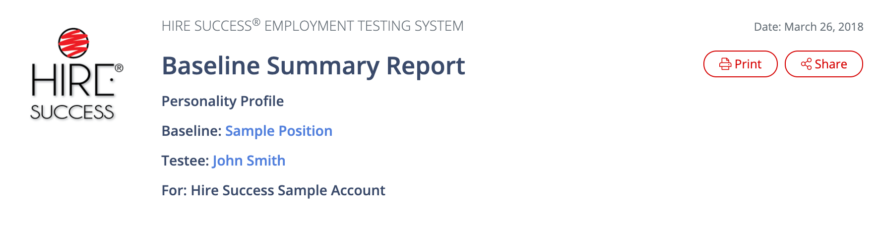 Sample Personality Profile Baseline Summary Report Header