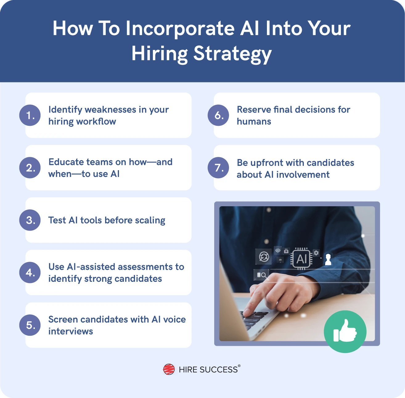 An illustration with tips for adding AI in the recruiting and hiring process, referenced below.